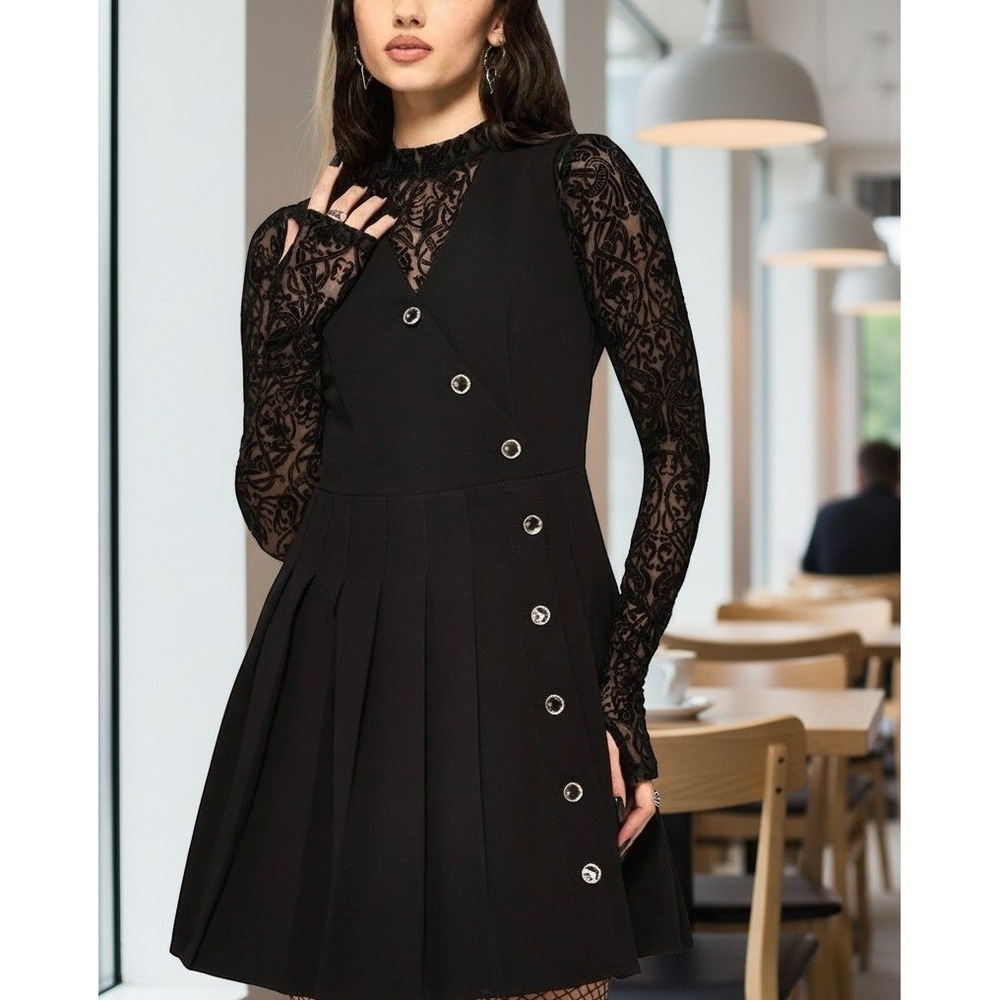 Disturbia Black Celestial Moon Star Button Pleated Mini Pinafore Dress US 14
